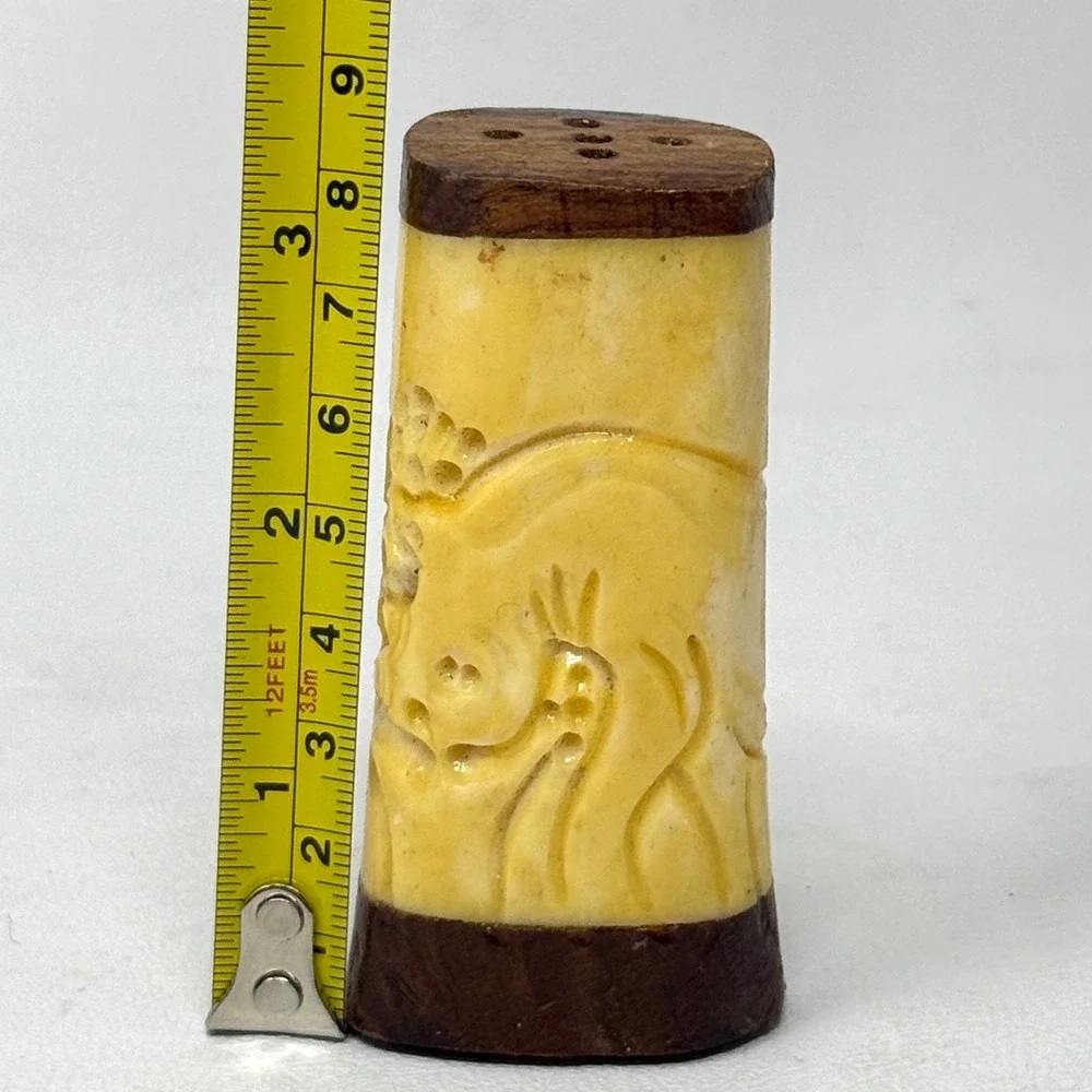 Bone Carved Salt Pepper Shaker Set Rhino Water Buffalo Wood  3